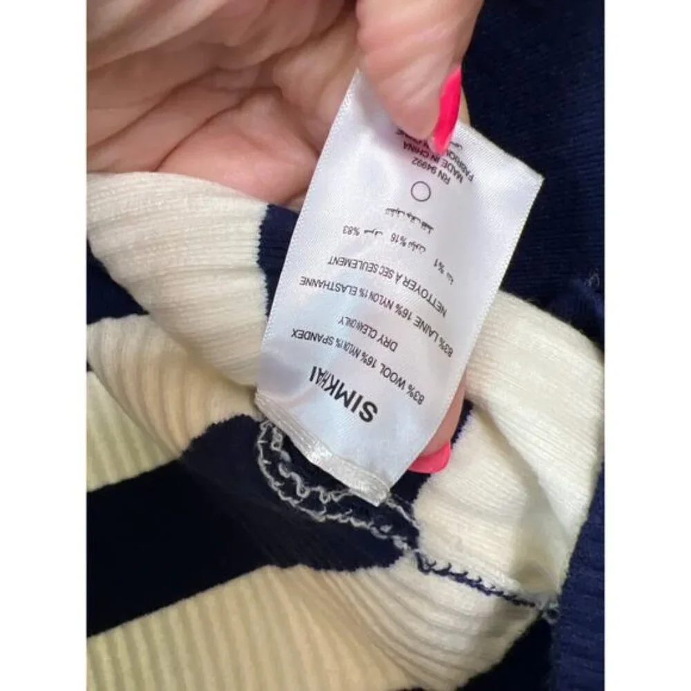 NEW Simkhai Joelene Asymmetric Fitted Striped Wool-Blend Top Navy Blue Size: XS - Picture 5 of 7